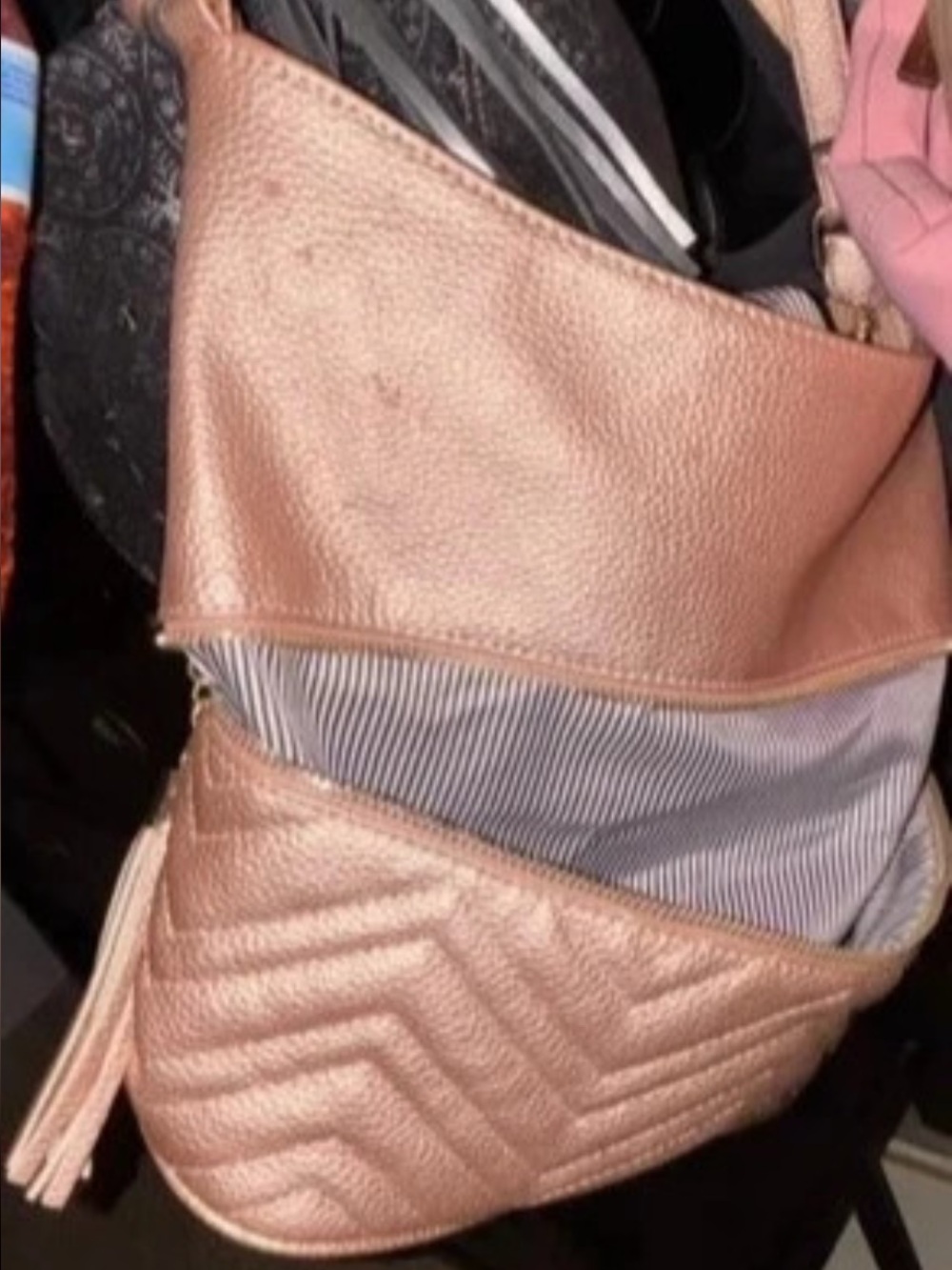 Quilted Metallic Rose-Gold Soft Slouchy Hobo w/ Tassel Fringe